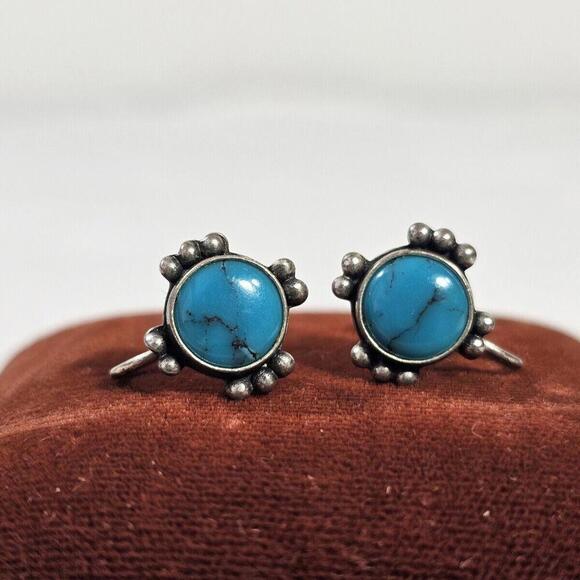 Jewelry - Vintage TURQUOISE 925 Sterling Silver SCREWBACK Hook Earring Native American